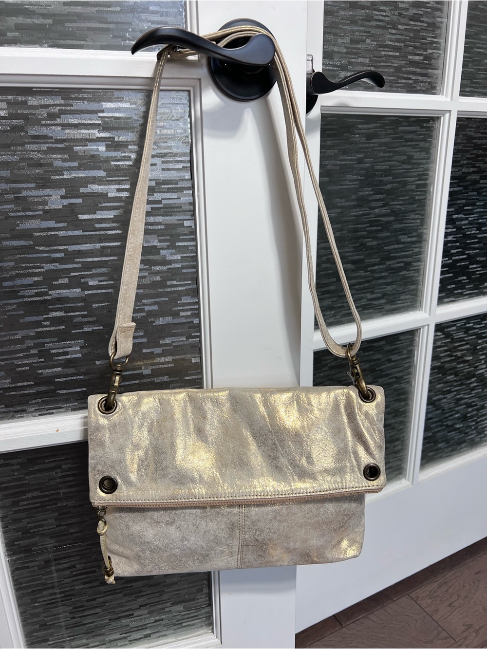 ADA Metallic Gold Fold-Over Leather Crossbody Bag